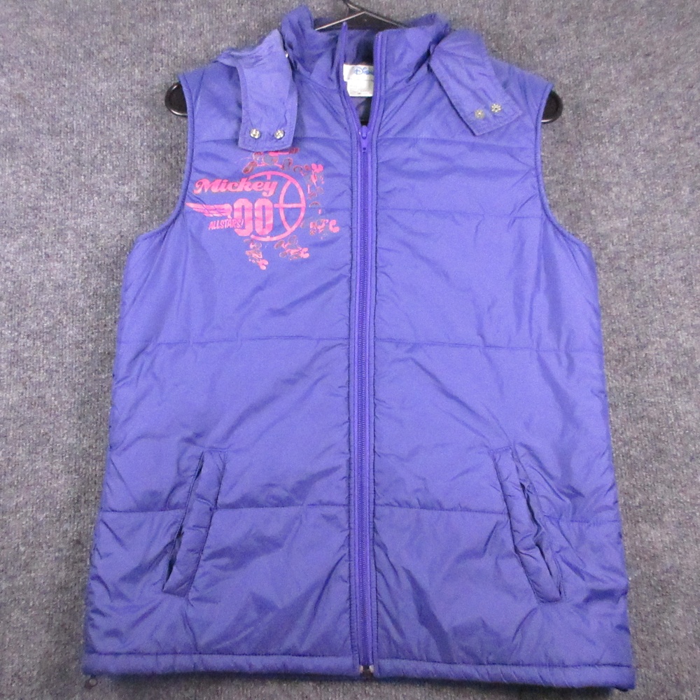 Disney Vest Womens Large Purple Quilted Hooded Mickey Basketball Graphic